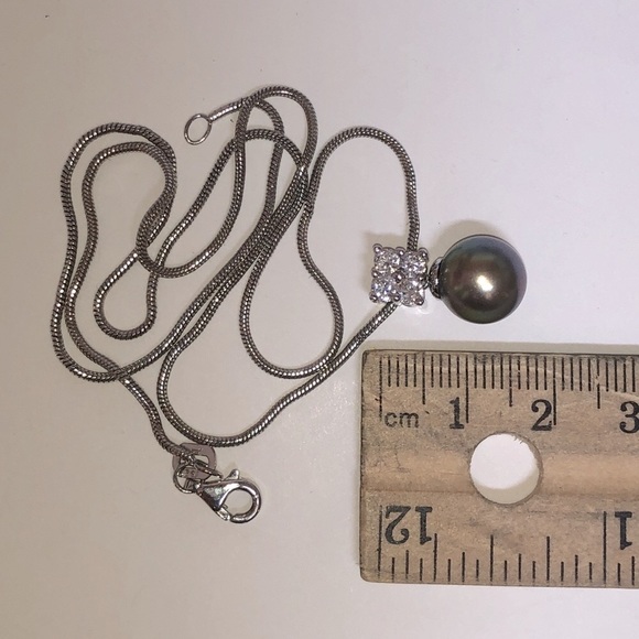 Solid 925 Sterling Silver Faux Tahitian Pearl Simulated Diamond Pendant Necklace - Picture 8 of 14